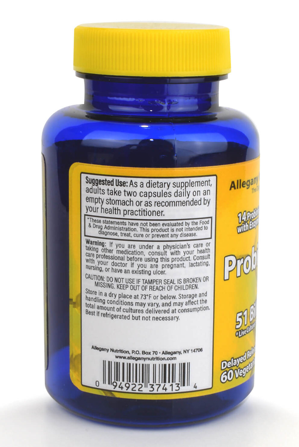 Probiotic Supplement bottle with yellow cap and label on a white background
