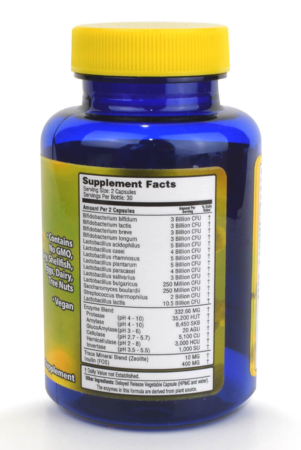 Probiotic supplement bottle with yellow cap and label on a white background