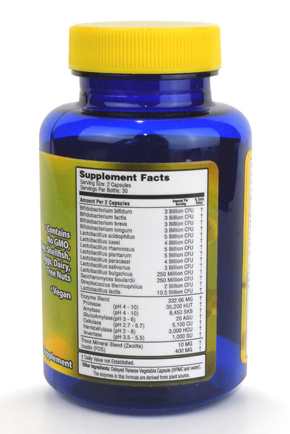 Probiotic supplement bottle with yellow cap and label on a white background