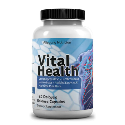 Vital Health cardiovascular enzyme supplement bottle with 120 delayed release capsules for heart health support.