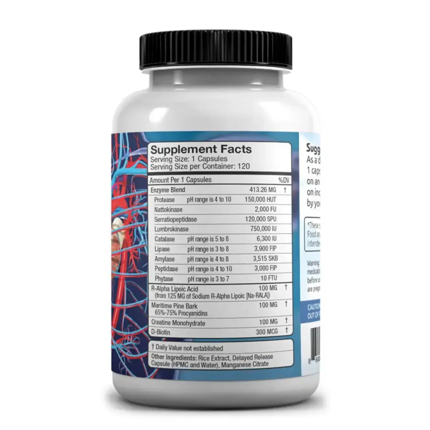 Vital Health cardiovascular enzyme supplement bottle with supplement facts and ingredients.