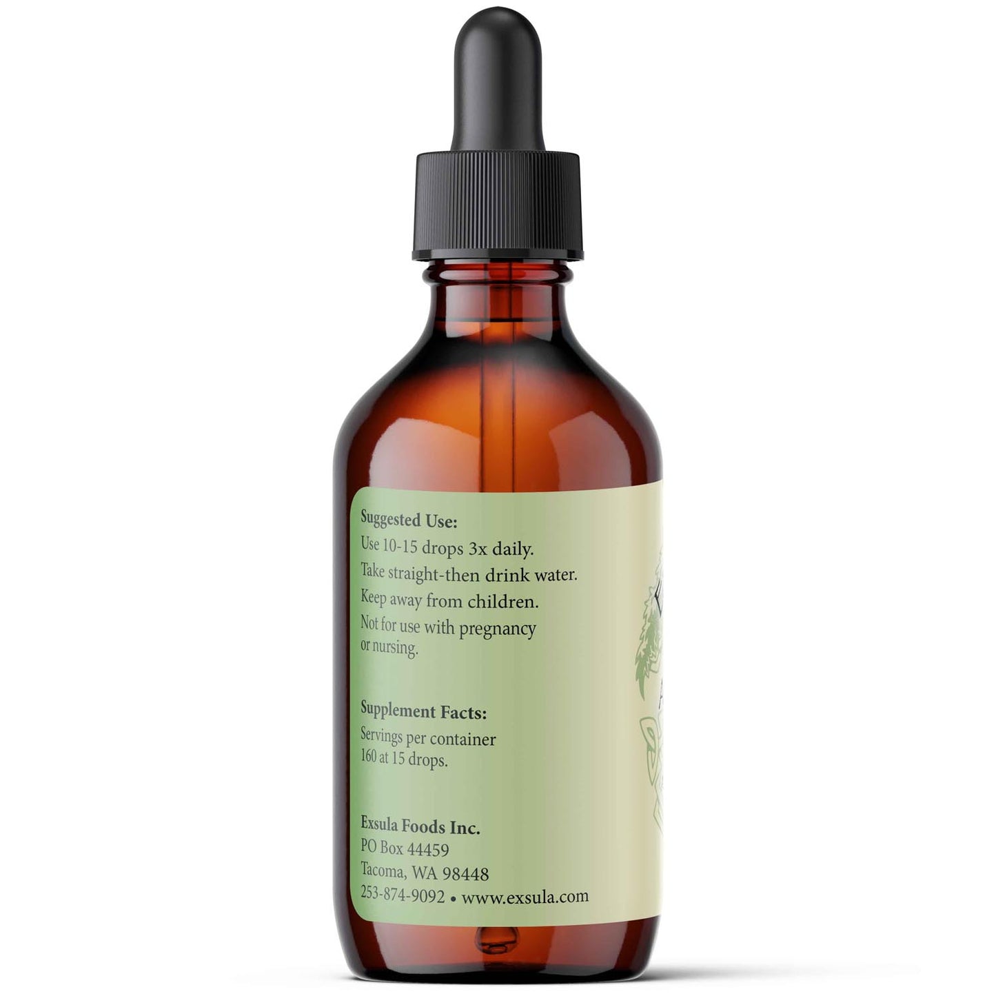 Brown glass dropper bottle with a label showing Suggested Use and Supplement Facts on a white background