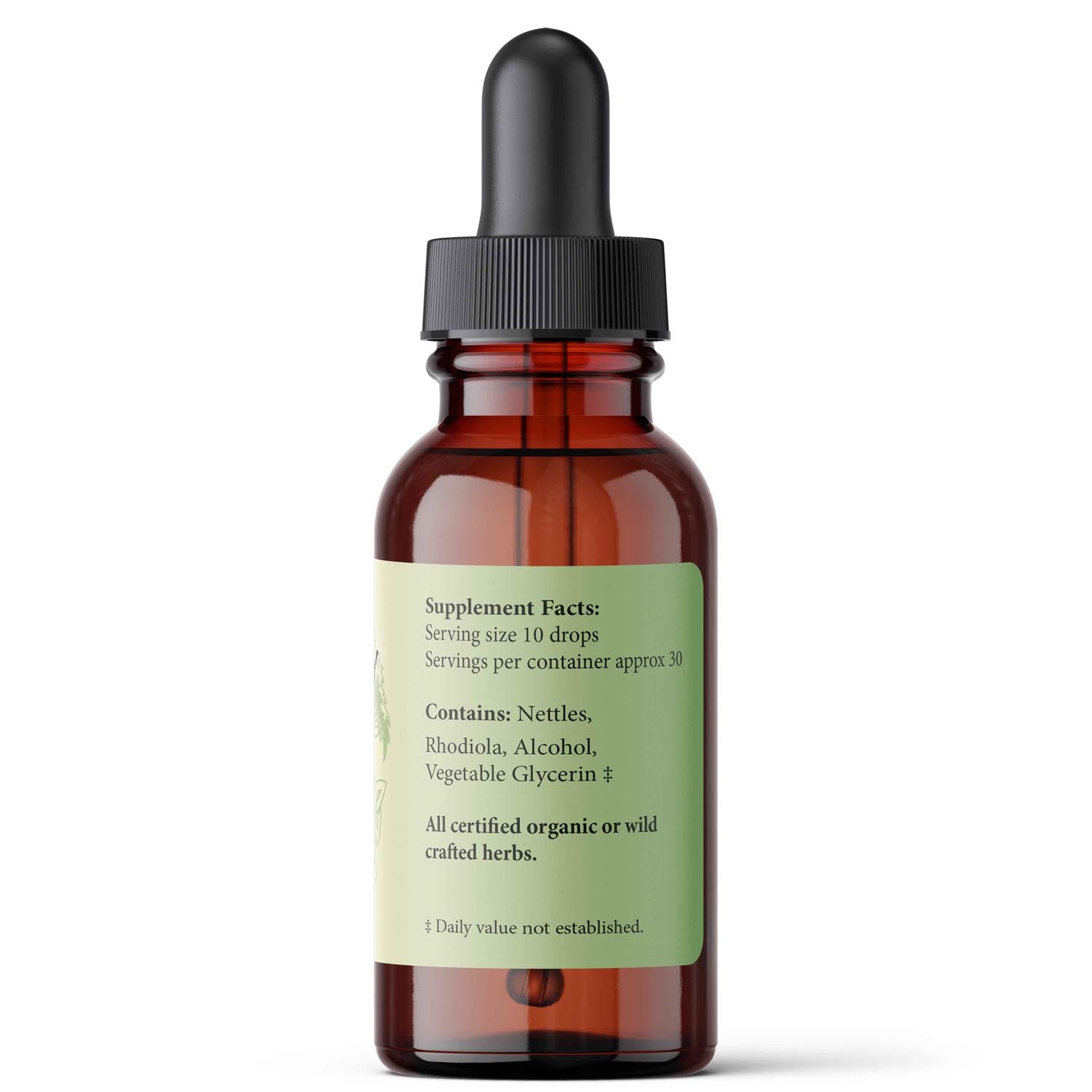 Brown glass dropper bottle with a label showing Supplement Facts and Ingredients on a white background