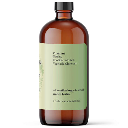 Brown glass bottle with a green label showing Ingredients on a white background