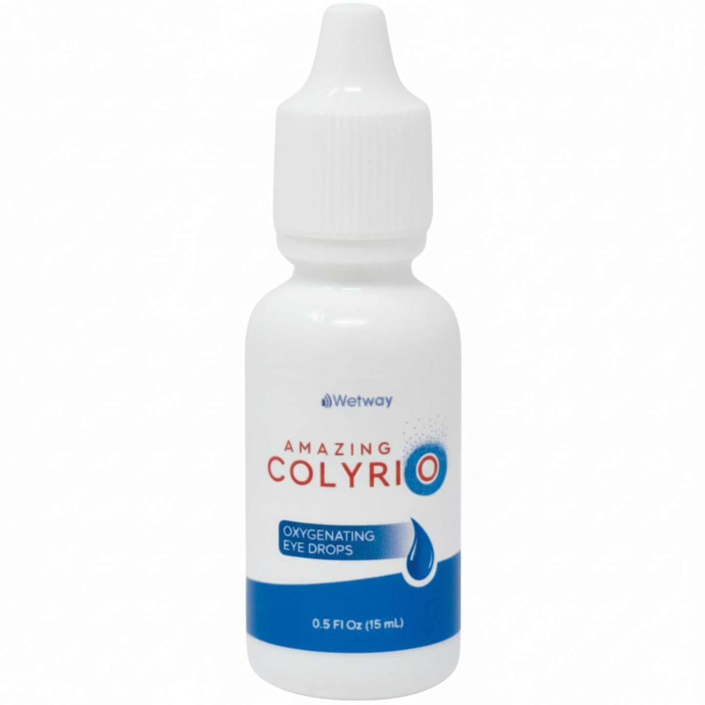 white dropper bottle, Wetway Amazing Colyrio with blue oxygen bubbles around the letter O, Oxygenating Eye Drops, 0.5 Fl Oz (15 mL)