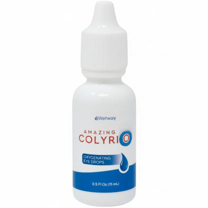white dropper bottle, Wetway Amazing Colyrio with blue oxygen bubbles around the letter O, Oxygenating Eye Drops, 0.5 Fl Oz (15 mL)
