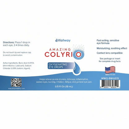 white label laid flat, Wetway AMAZING COLYRIO, OXYGENATING EYE DROPS, Helps relieve severe dryness, itchiness, inflammation, watery eyes, burning, fatigue, and general eye pain. Fast-acting, sensitive eye formula. Moisturizing, soothing effect. Contact lens compatible.