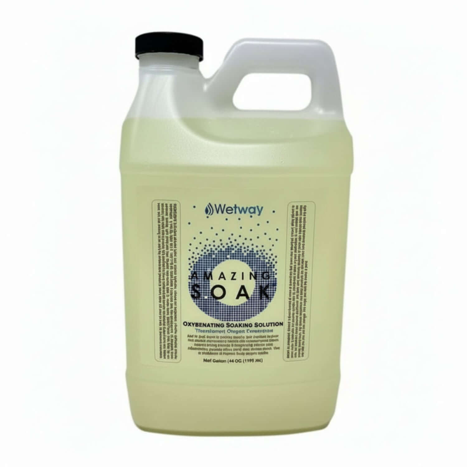 white jug with black lid, Wetway AMAZING SOAK with small blue squares in shape of letter O. Oxygenating Soaking Solution. Transdermal Oxygen Penetration. 64 Fl Oz (1892 mL)
