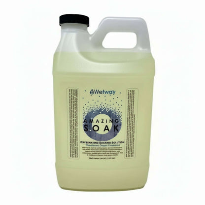 white jug with black lid, Wetway AMAZING SOAK with small blue squares in shape of letter O. Oxygenating Soaking Solution. Transdermal Oxygen Penetration. 64 Fl Oz (1892 mL)