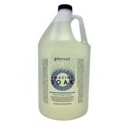 white jug with black lid, Wetway AMAZING SOAK with small blue squares in shape of letter O. Oxygenating Soaking Solution. Transdermal Oxygen Penetration. 128 Fl Oz (3840 mL)