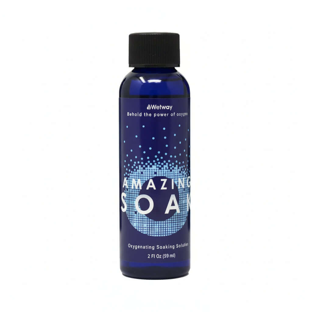 blue bottle with black lid, Wetway, Behold the power of oxygen. AMAZING SOAK with small white squares in shape of letter O. Oxygenating Soaking Solution. 2 Fl Oz (59 mL)