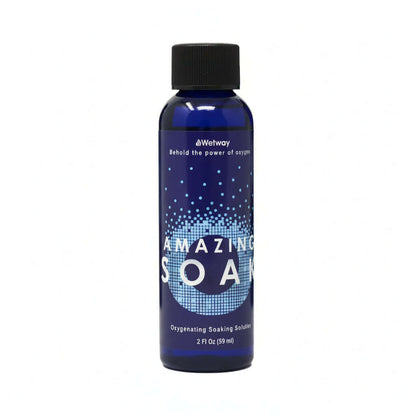 blue bottle with black lid, Wetway, Behold the power of oxygen. AMAZING SOAK with small white squares in shape of letter O. Oxygenating Soaking Solution. 2 Fl Oz (59 mL)