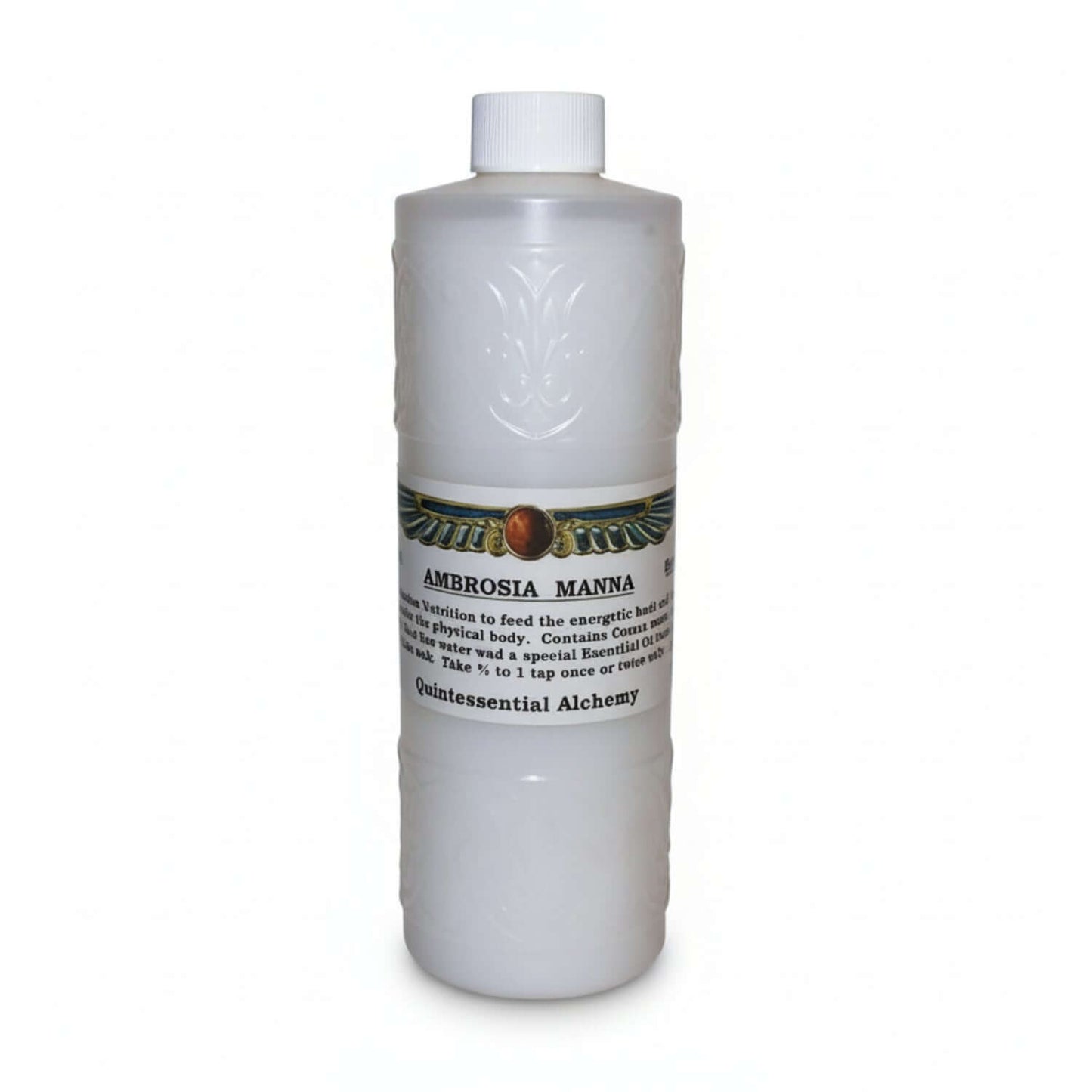white bottle and lid, label shows wings around a circle, AMBROSIA MANNA, Nutrition to feed the energetic body, Quintessential Alchemy