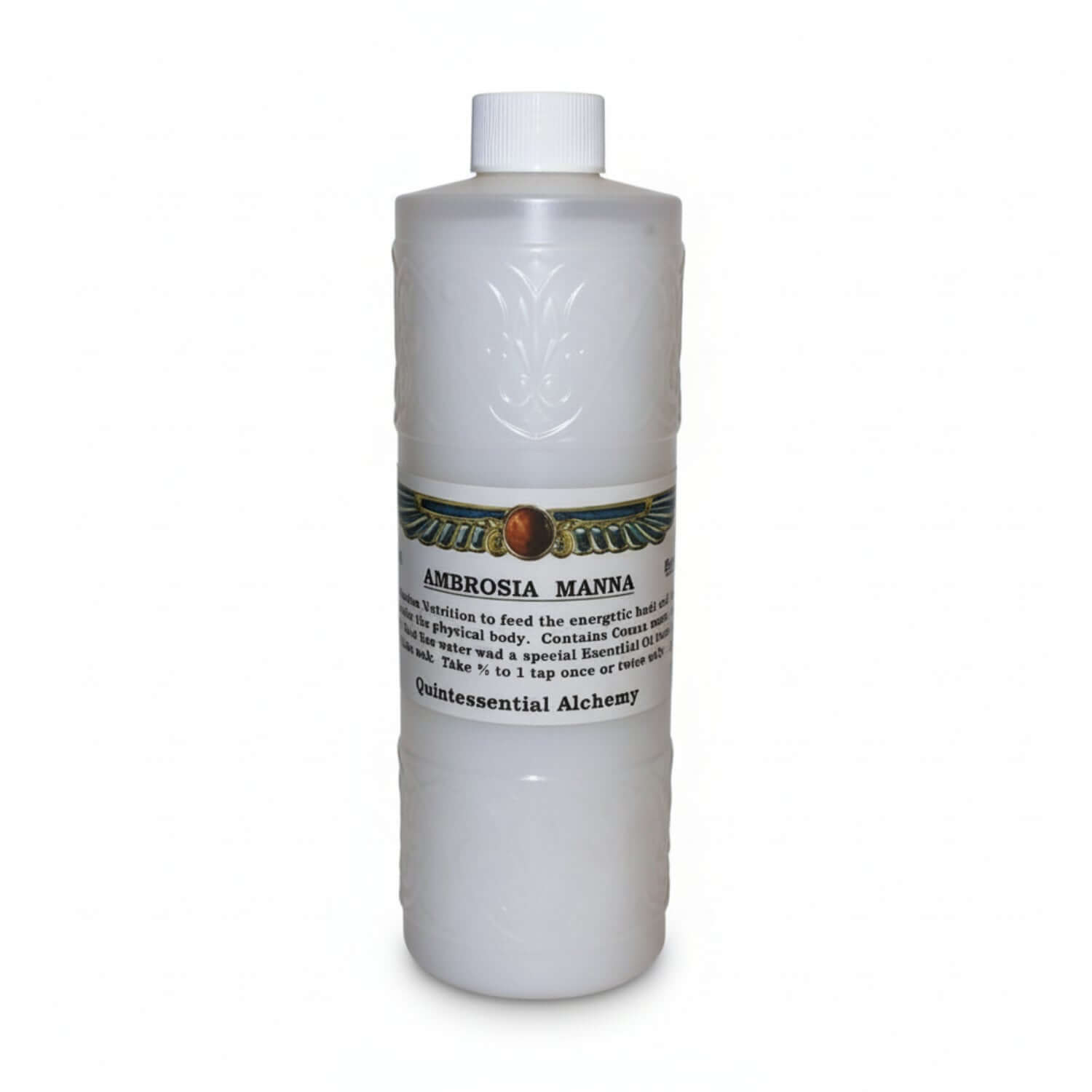 white bottle and lid, label shows wings around a circle, AMBROSIA MANNA, Nutrition to feed the energetic body, Quintessential Alchemy