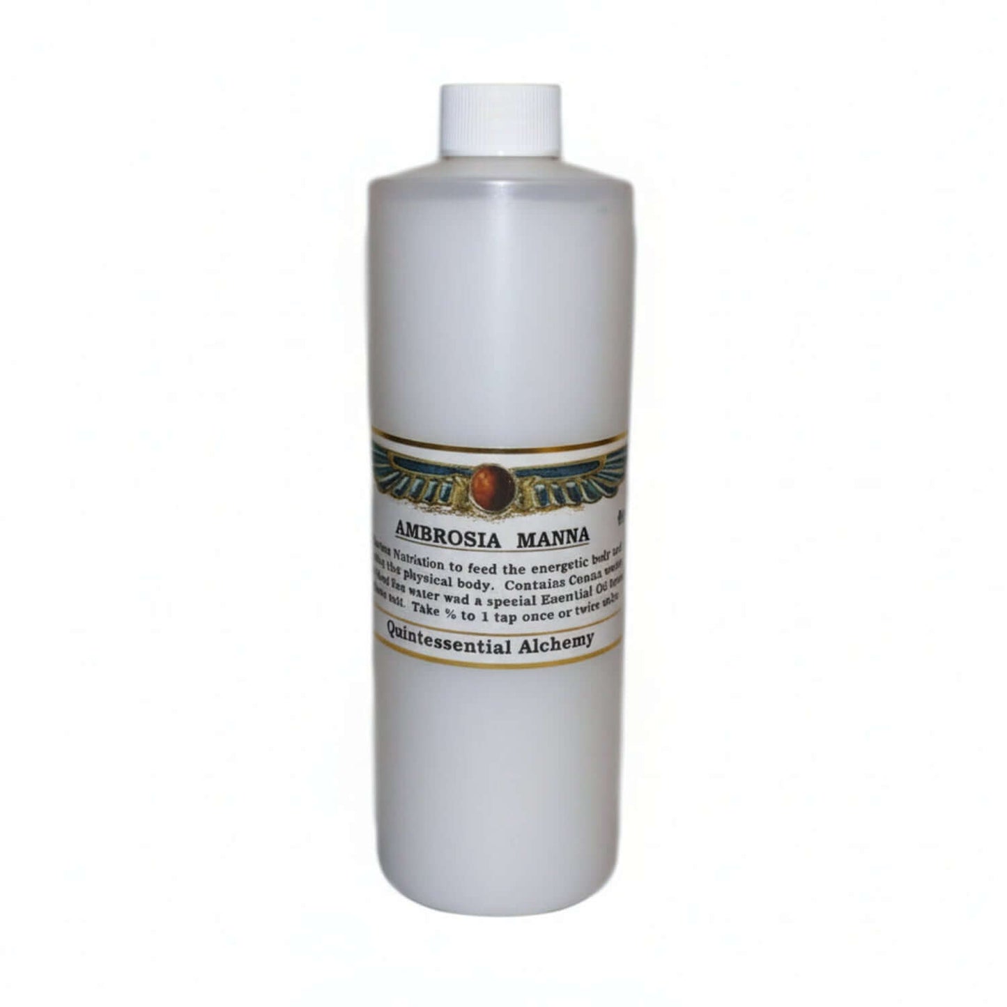 white bottle and lid, label shows wings around a circle, AMBROSIA MANNA, Nutrition to feed the energetic body, Quintessential Alchemy