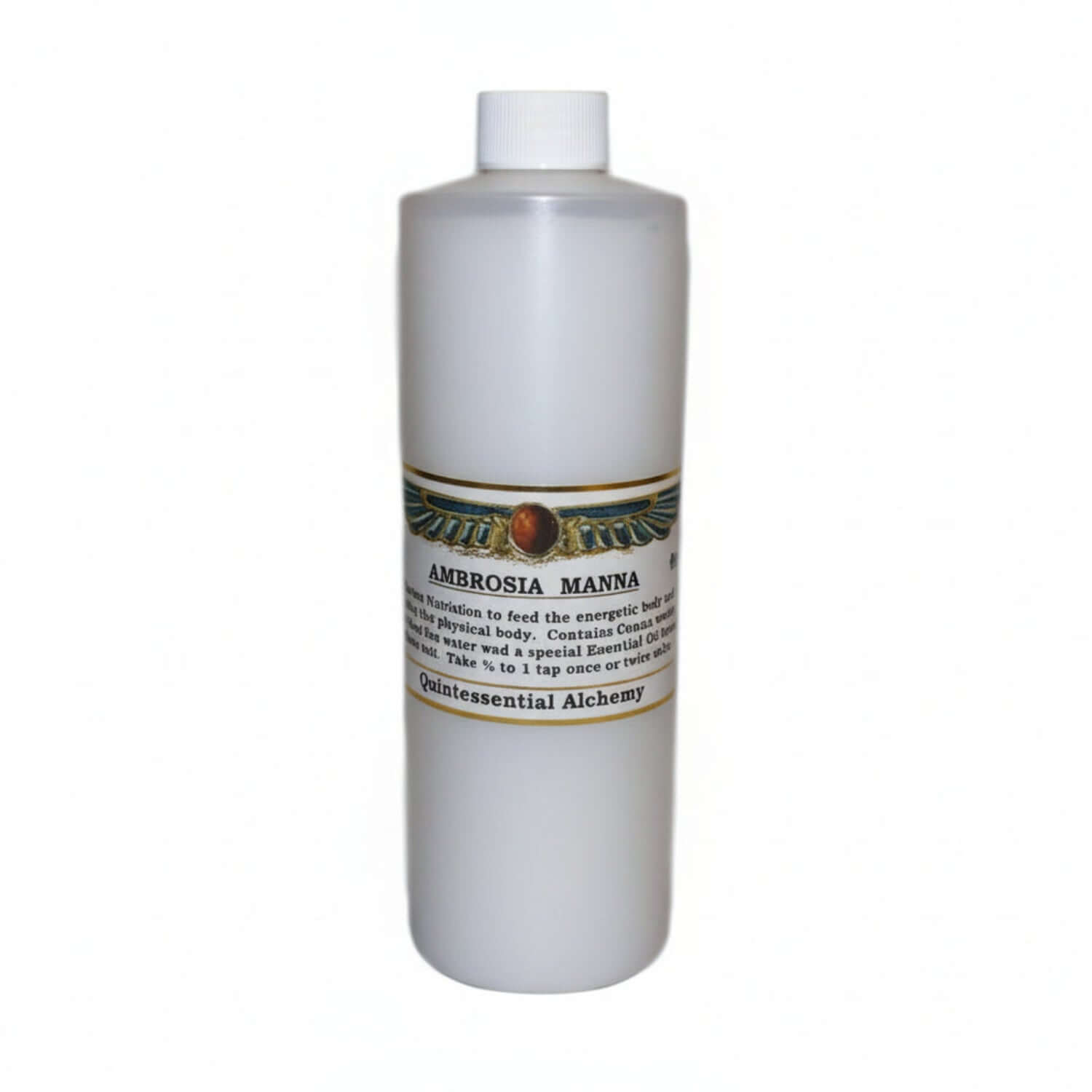 white bottle and lid, label shows wings around a circle, AMBROSIA MANNA, Nutrition to feed the energetic body, Quintessential Alchemy
