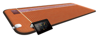 A brown woven mat with a built-in electronic controller and a white charging cable, shown on a plain white background.