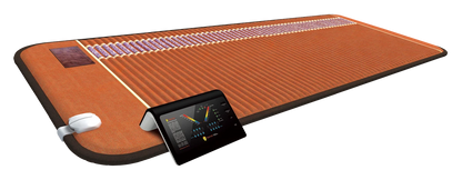 A brown woven mat with a built-in electronic controller and a white charging cable, shown on a plain white background.