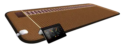 A brown woven mat with a built-in electronic controller and a white charging cable, shown on a plain white background.