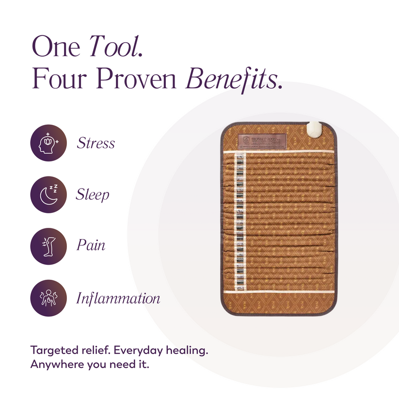 A promotional graphic for a rectangular brown massage or heat pad with white segmented strips, shown on a light background with text reading 'One Tool. Four Proven Benefits.