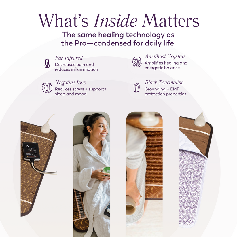 Product advertisement with text about healing technology and images of a person using the product.