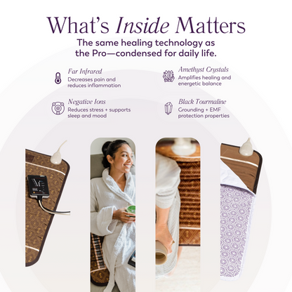 Product advertisement with text about healing technology and images of a person using the product.