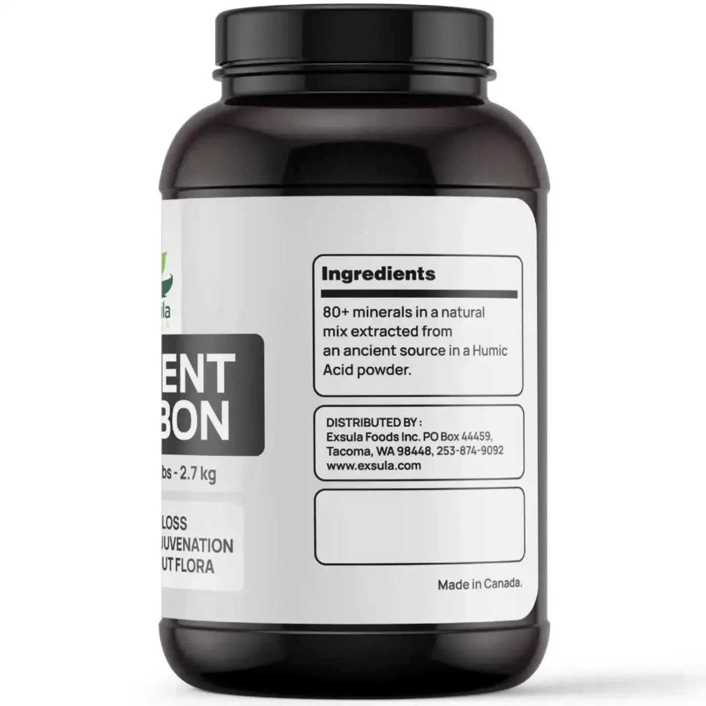 Ancient Carbon Humic Acid Mineral Complex supplement jar showcasing ingredients and nutritional information.