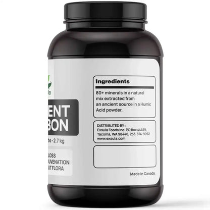 Ancient Carbon Humic Acid Mineral Complex supplement jar showcasing ingredients and nutritional information.