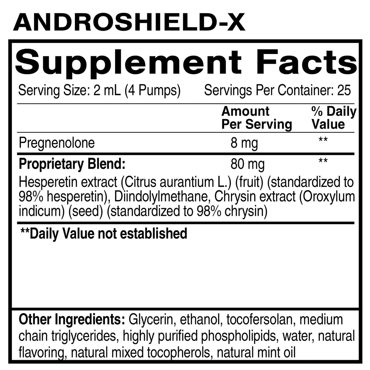 Androshield-X Hormone Balance Supplement Supplement Facts including Pregnenolone and Proprietary Blend ingredients.