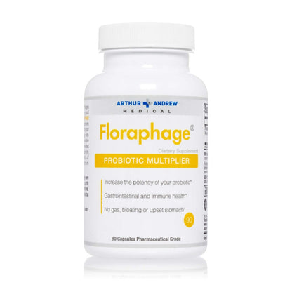 Floraphage probiotic multiplier supplement bottle by Arthur Andrew Medical on a white background