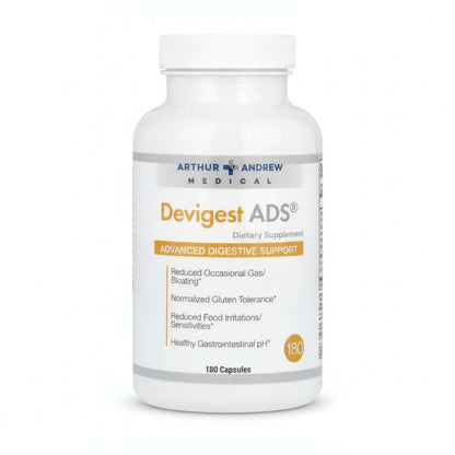 Devigest dietary supplement bottle for Complete Digestive Enzymes for Food Sensitivities, advanced digestive support.