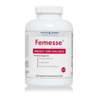 Femesse Hormone Balance Supplement in a white bottle with labels for breast health and tissue elasticity.