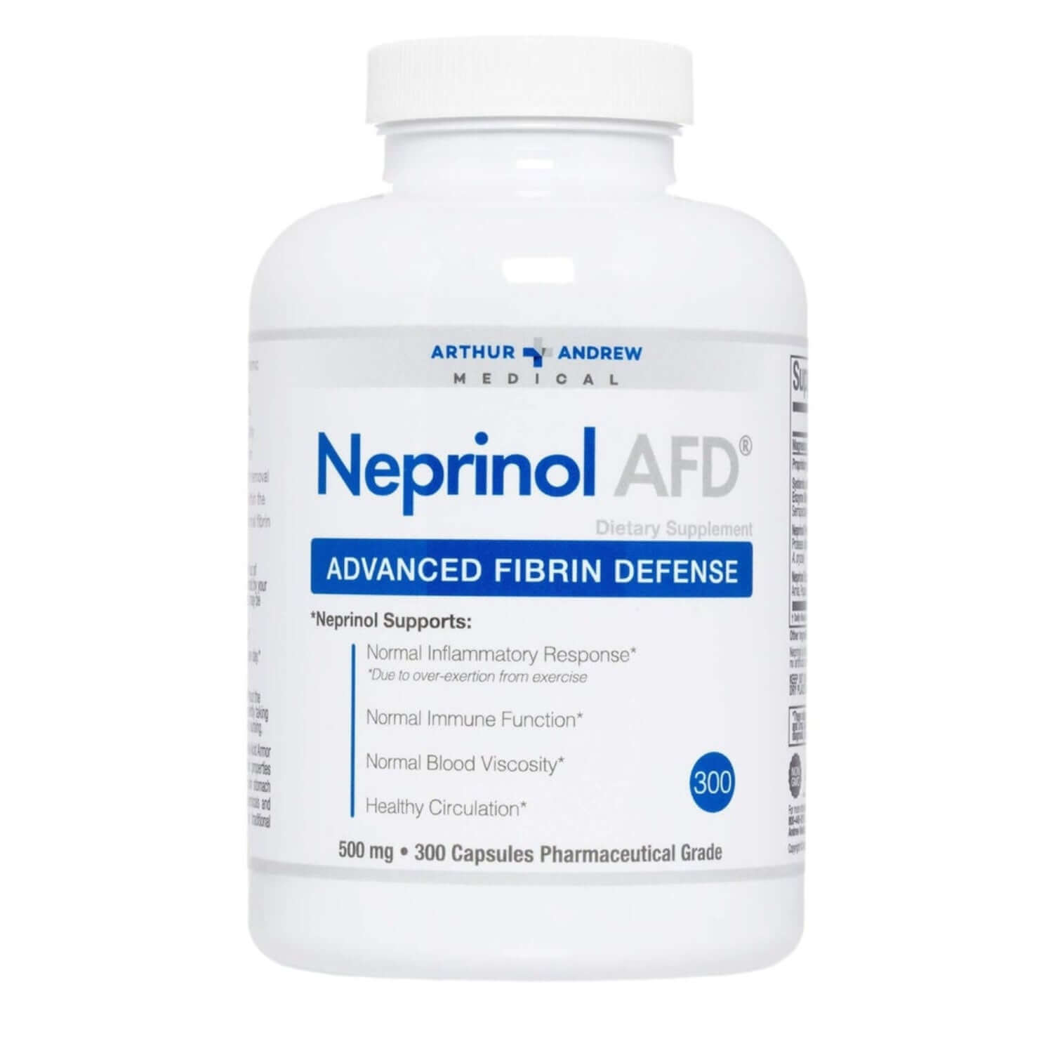 Neprinol AFD dietary supplement bottle for Systemic Fibrinolytic Enzyme Therapy, 500 mg, 300 capsules.