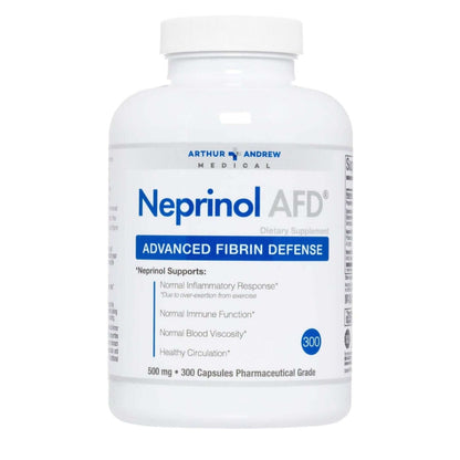 Neprinol AFD dietary supplement bottle for Systemic Fibrinolytic Enzyme Therapy, 500 mg, 300 capsules.