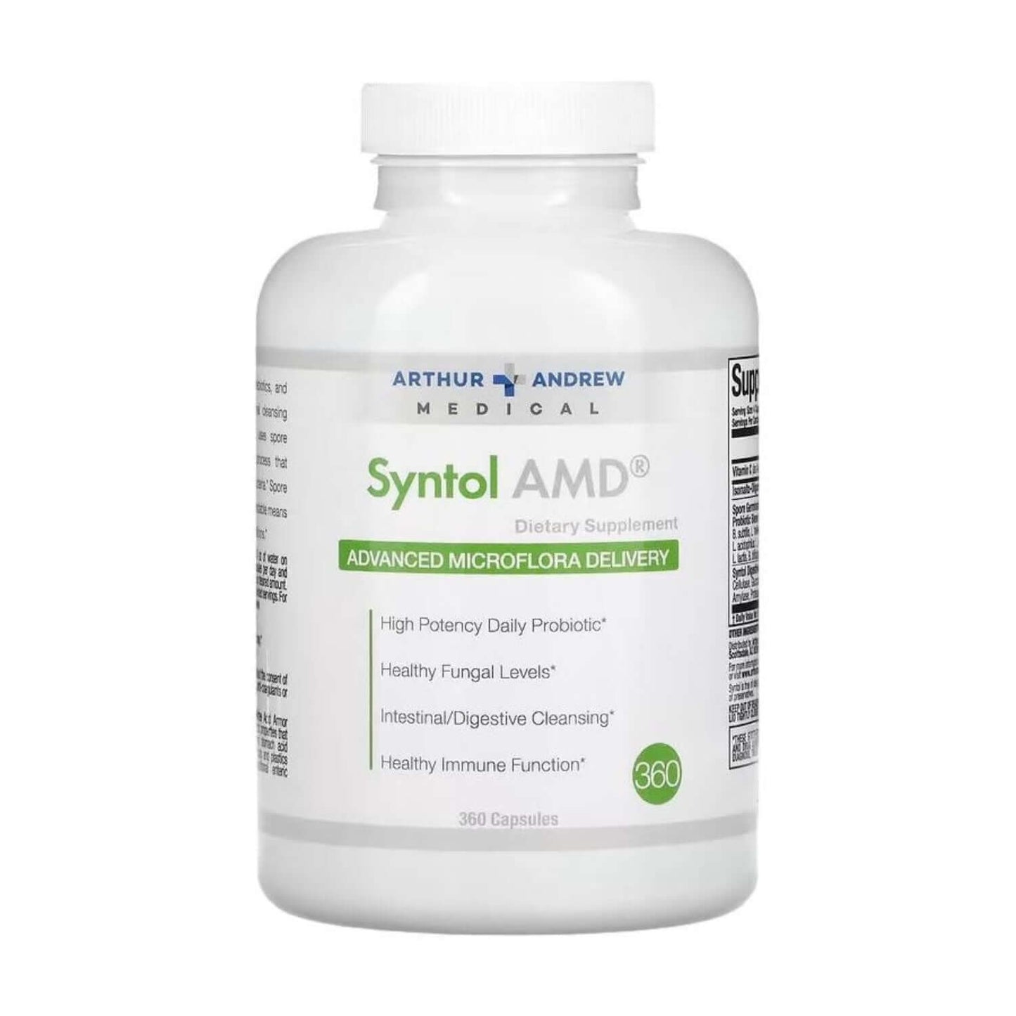 Syntol AMD Dietary Supplement bottle showcasing Advanced Probiotic Prebiotic and Enzyme Blend for digestive health.