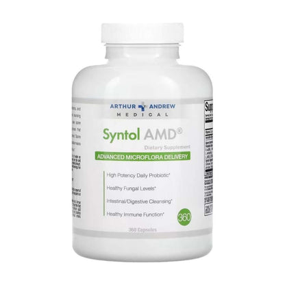 Syntol AMD Dietary Supplement bottle showcasing Advanced Probiotic Prebiotic and Enzyme Blend for digestive health.