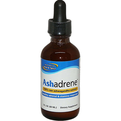 Ashadrene Adrenal Support Liquid bottle featuring raw ashwagandha extract for adrenal health and vitality