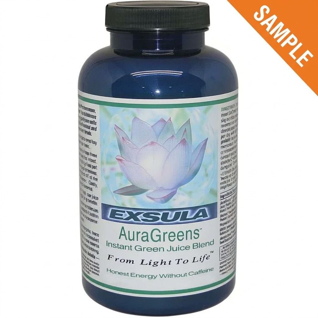 AuraGreens Chlorophyll Rich Energy Supplement in a blue container with a floral design, promoting plant-based energy.