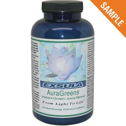AuraGreens Chlorophyll Rich Energy Supplement in a blue container with a floral design, promoting plant-based energy.