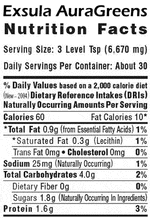 Nutrition facts for Exsula AuraGreens Chlorophyll Rich Energy Supplement showcasing calories and nutrients.