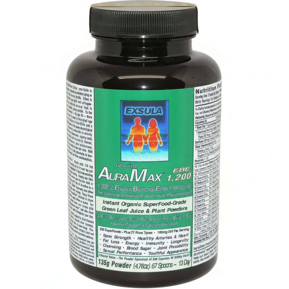 Supplement bottle labeled 'AuraMax 1,200' with Exsula branding on a white background