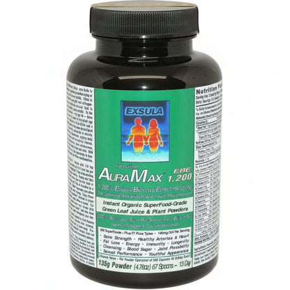 Supplement bottle labeled 'AuraMax 1,200' with Exsula branding on a white background