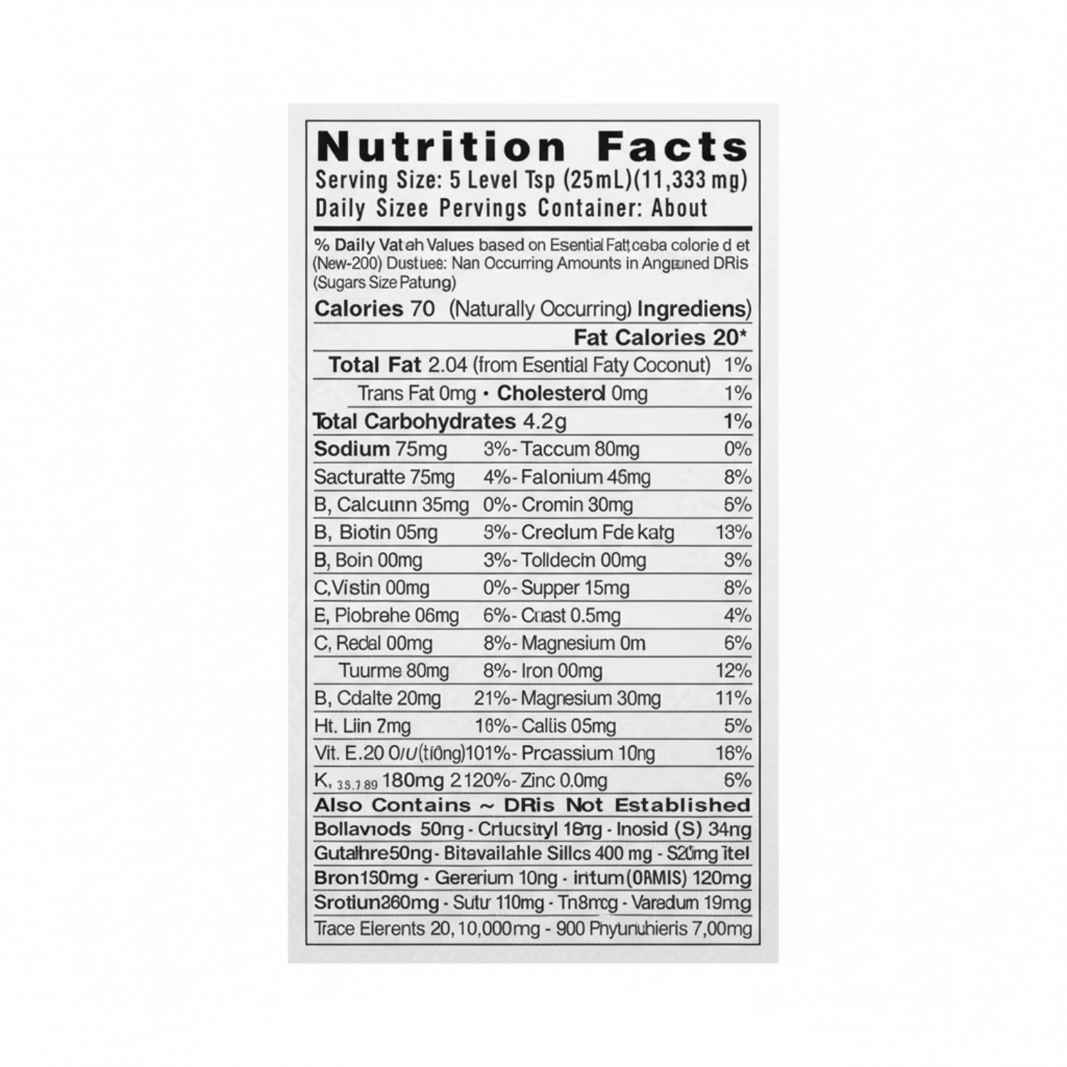 Nutrition Facts label for silica supplement showing serving size, calories, and essential nutrients.