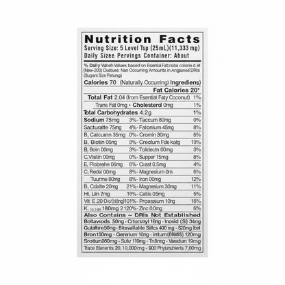 Nutrition Facts label for silica supplement showing serving size, calories, and essential nutrients.