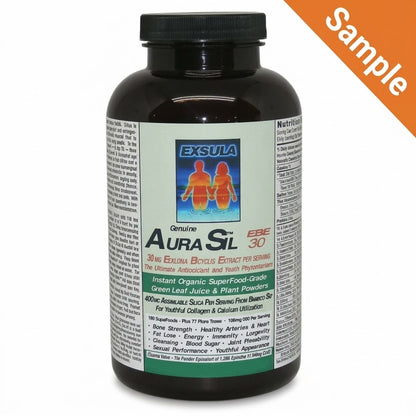 AuraSil - Silica Superfood Blend supplement bottle by Exsula, featuring antioxidant benefits and essential minerals.