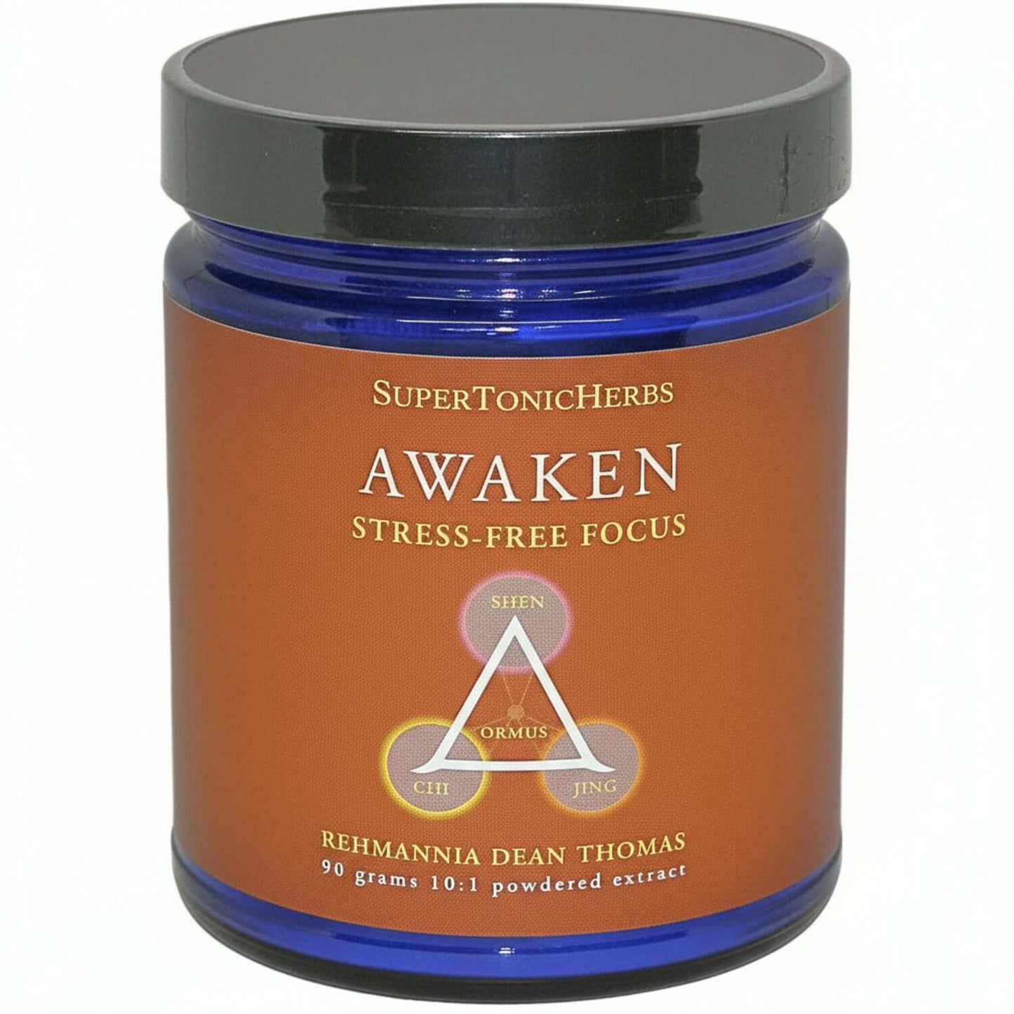 Awaken product for Support for Mental Clarity in a blue jar, featuring herbal extracts for cognitive support.
