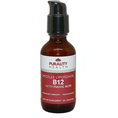 brown pump bottle with black lid, white and red label Purality Health Logo, Micelle Liposomal B12 with Fulvic Acid, maximized strength, vegan friendly, dietary supplement, 2oz