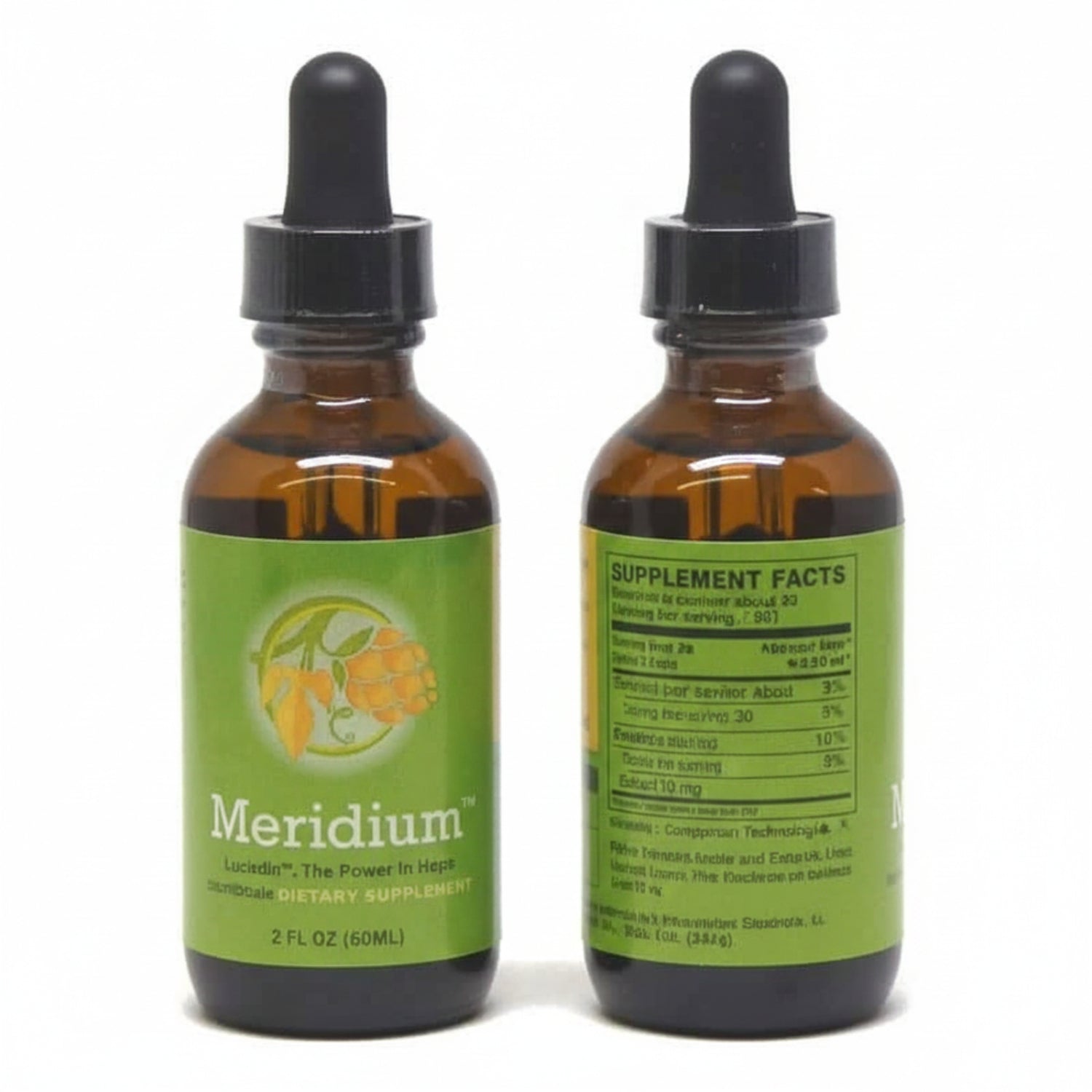 Two Meridium supplement bottles showing front an back, with droppers on a white background