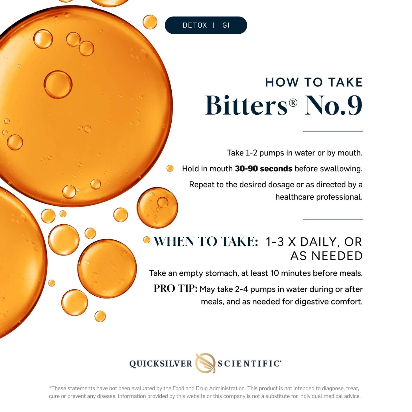 Instructions on how to take Bitters No. 9, featuring Liposomal Bitter Herbs for digestive support.
