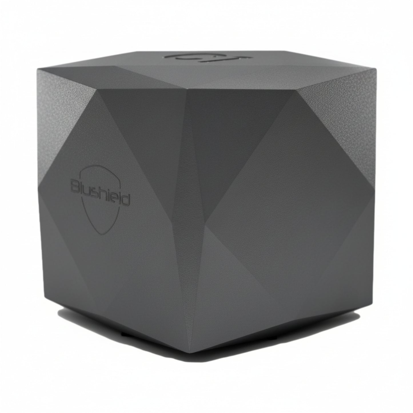 black cube with angles on all sides, white text Blushield with shape of shield behind